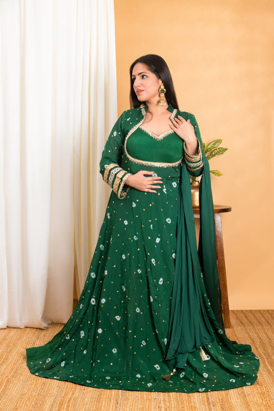 Leaf-Green Bandhej Pure Chinnon Wedding-Wear Long Gown