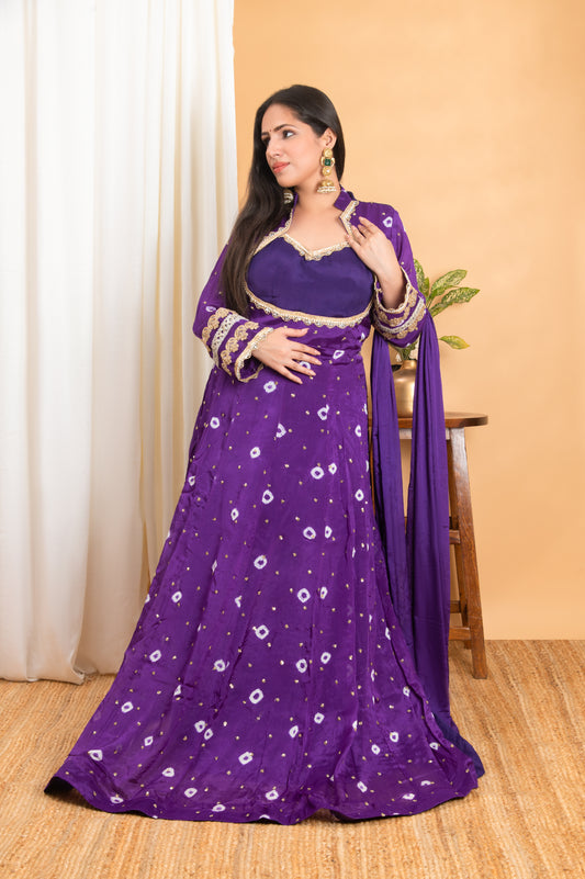 Purple Bandhej Pure Chinnon Wedding-Wear Long Gown