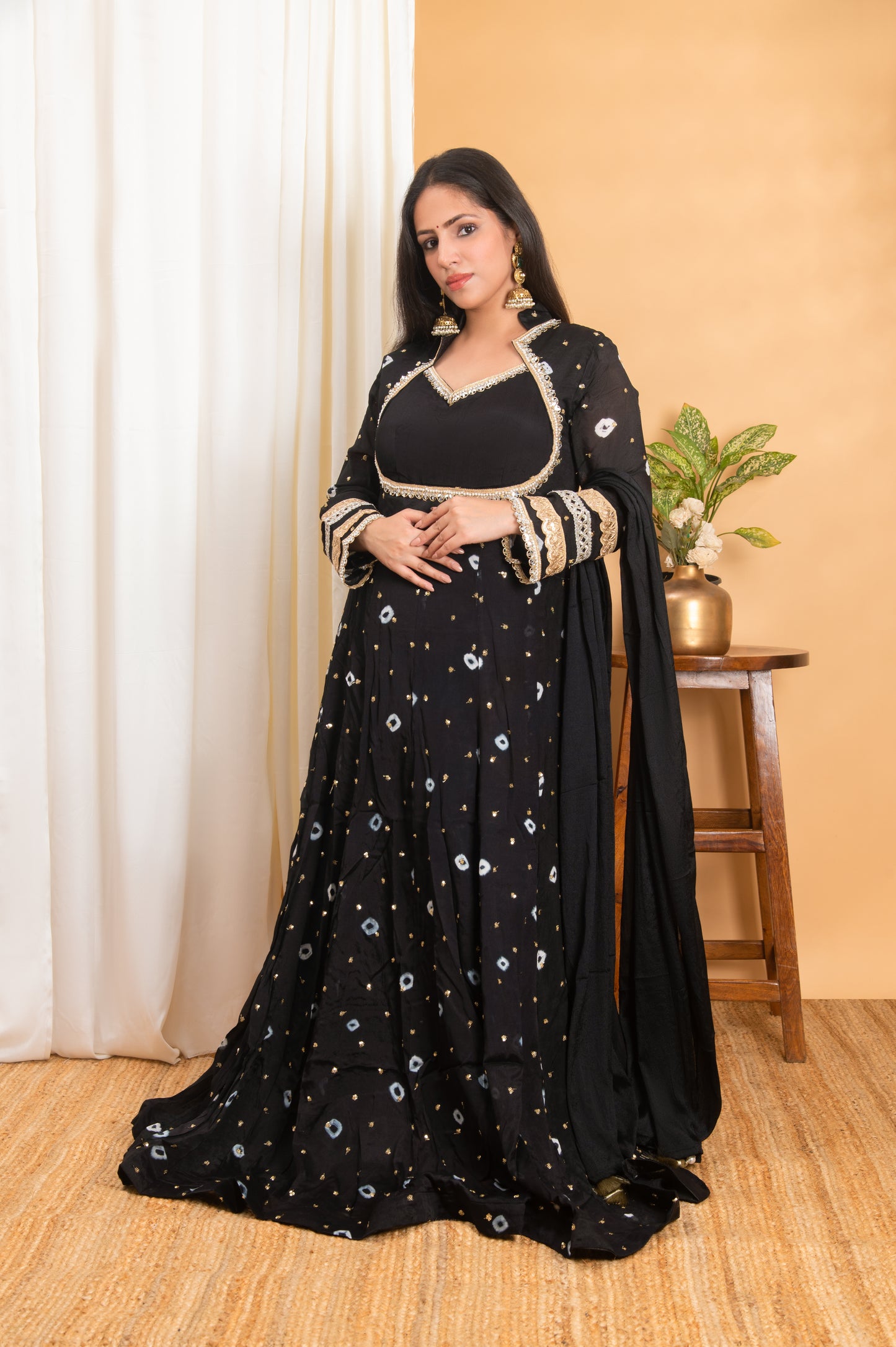 black bandhej pure chinnon wedding-wear long gown