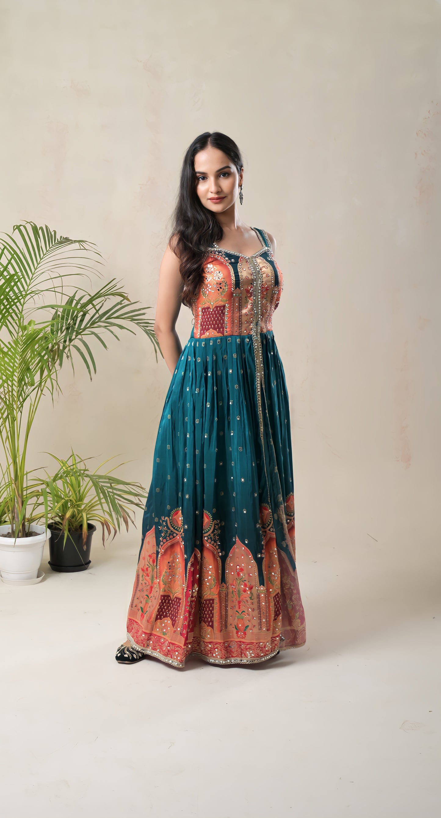 teal blue, benarsi border, mirror work, silk gown