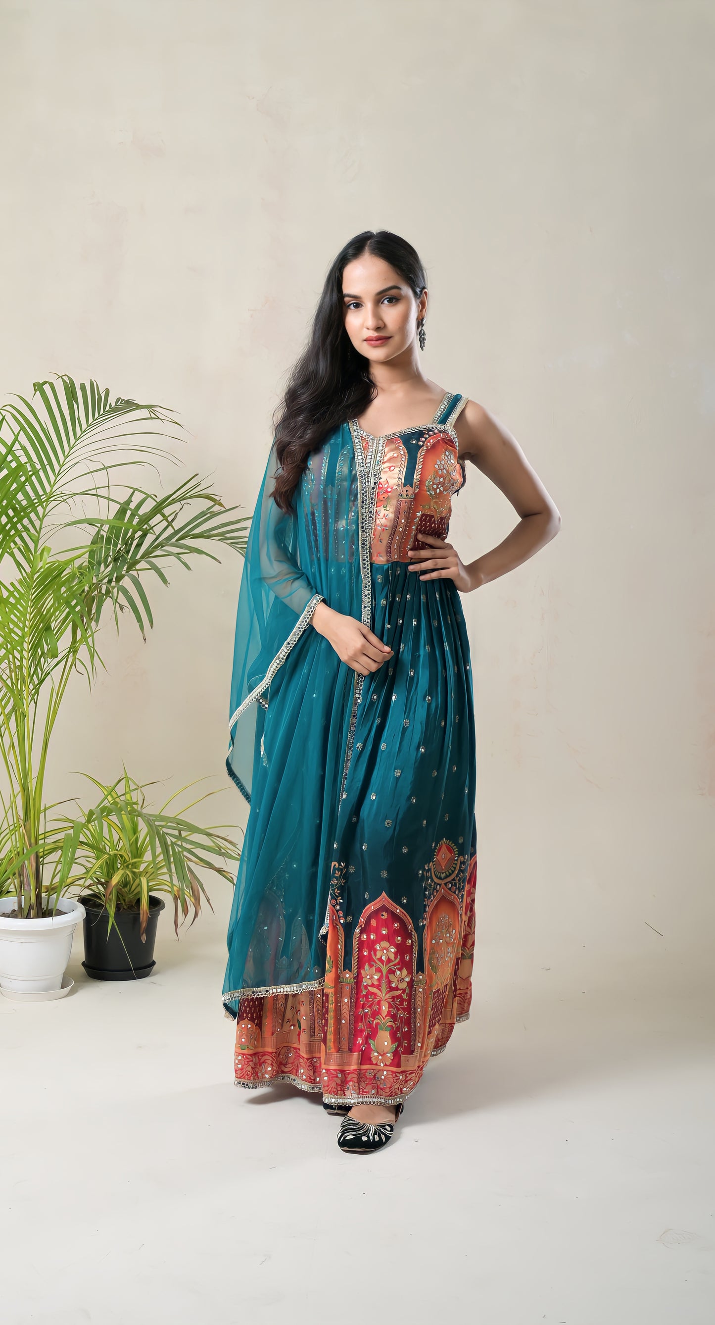 teal blue, benarsi border, mirror work, silk gown