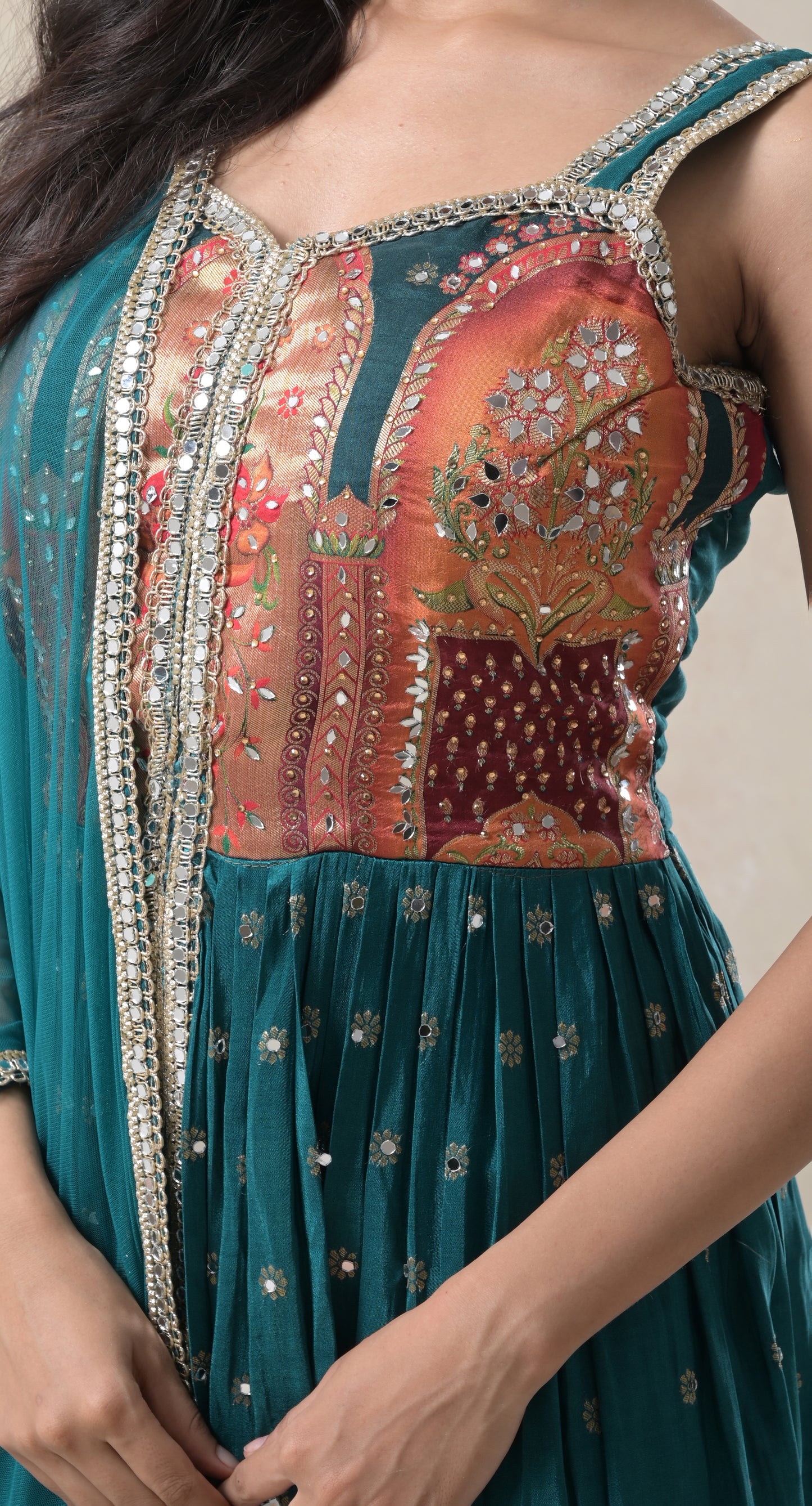 teal blue, benarsi border, mirror work, silk gown