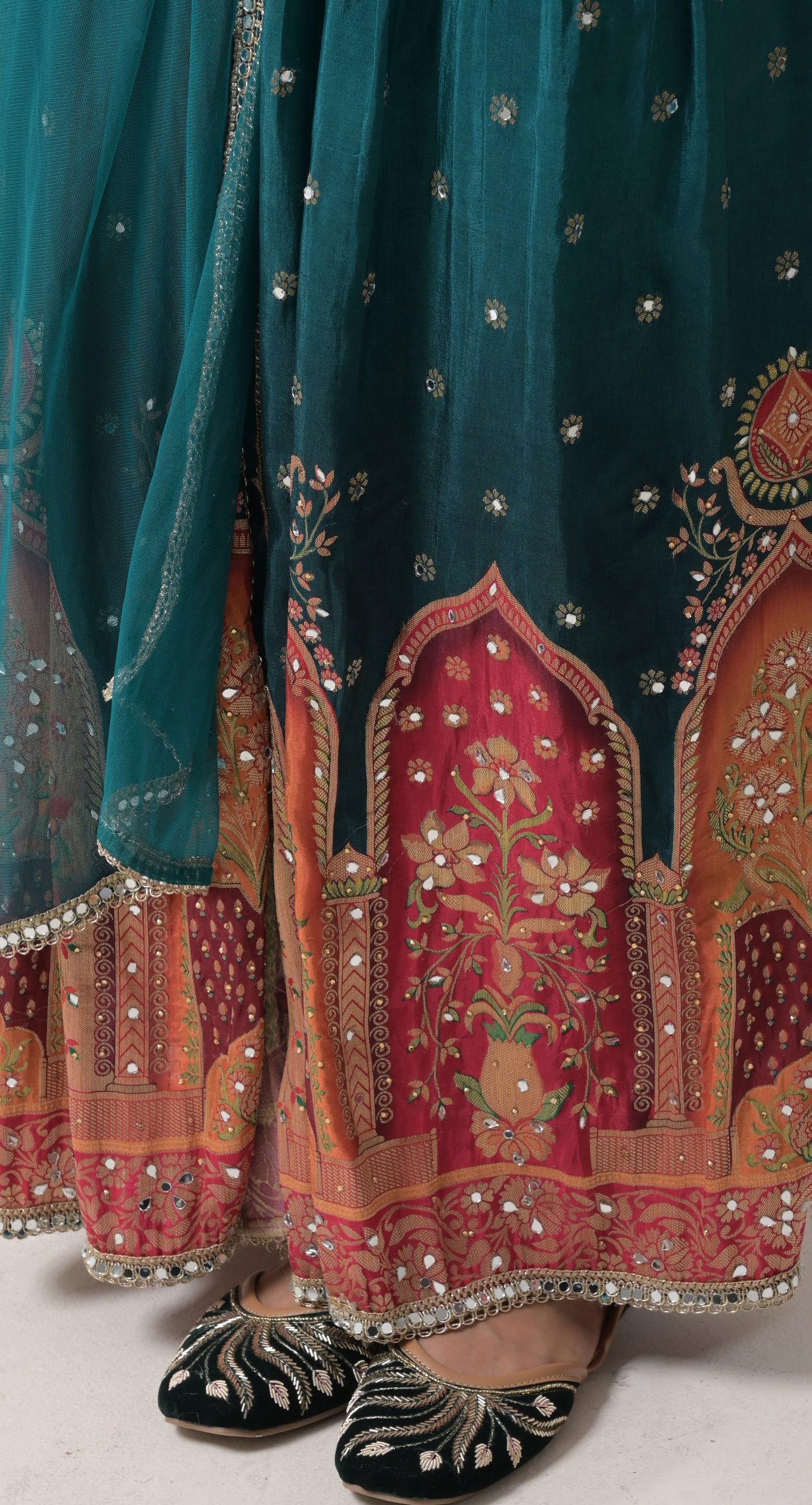 teal blue, benarsi border, mirror work, silk gown