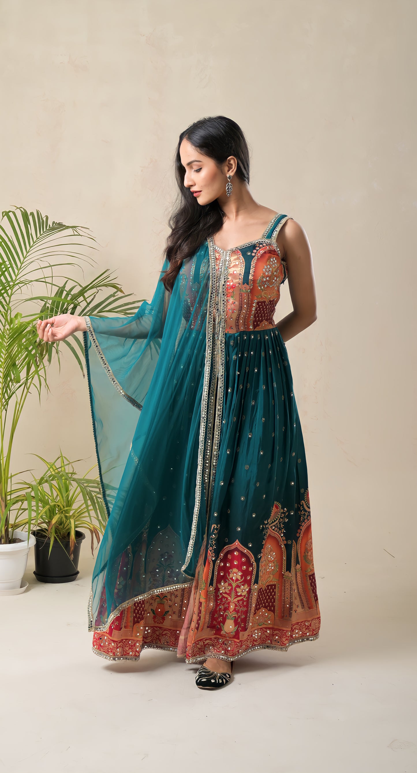 teal blue, benarsi border, mirror work, silk gown