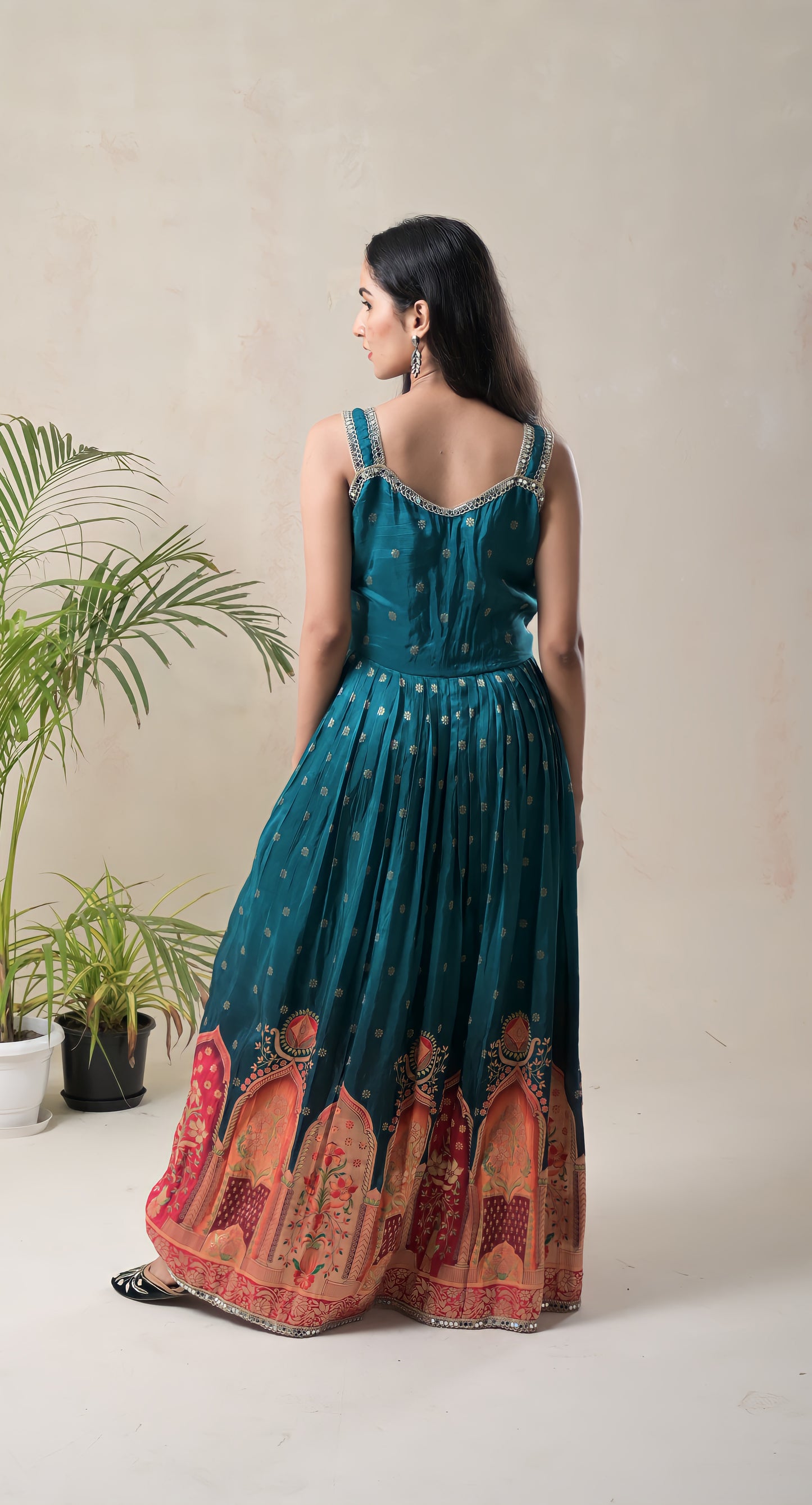 teal blue, benarsi border, mirror work, silk gown