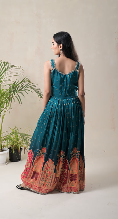 Teal Blue, Benarsi Border, Mirror Work, Silk Gown