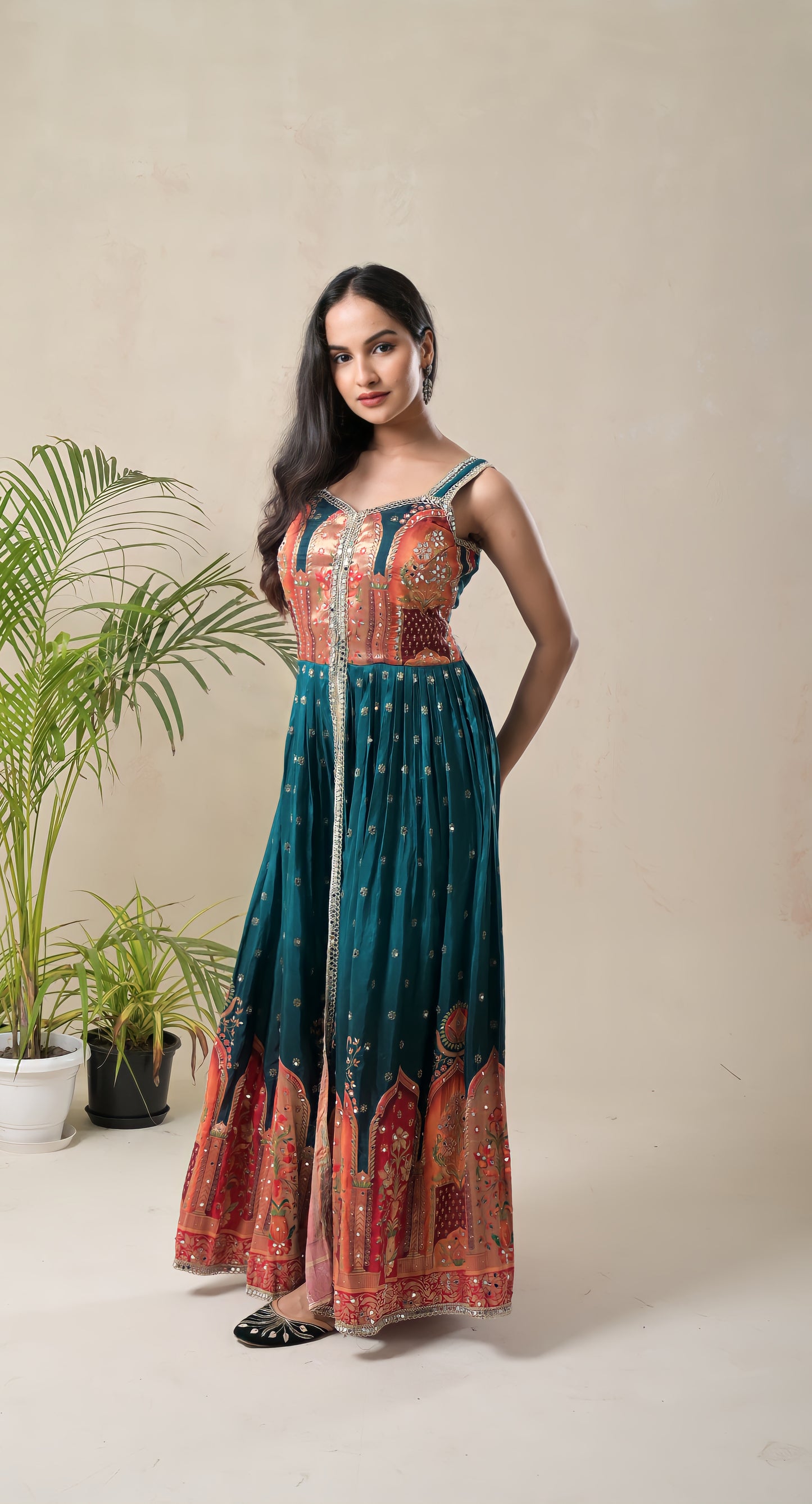 teal blue, benarsi border, mirror work, silk gown