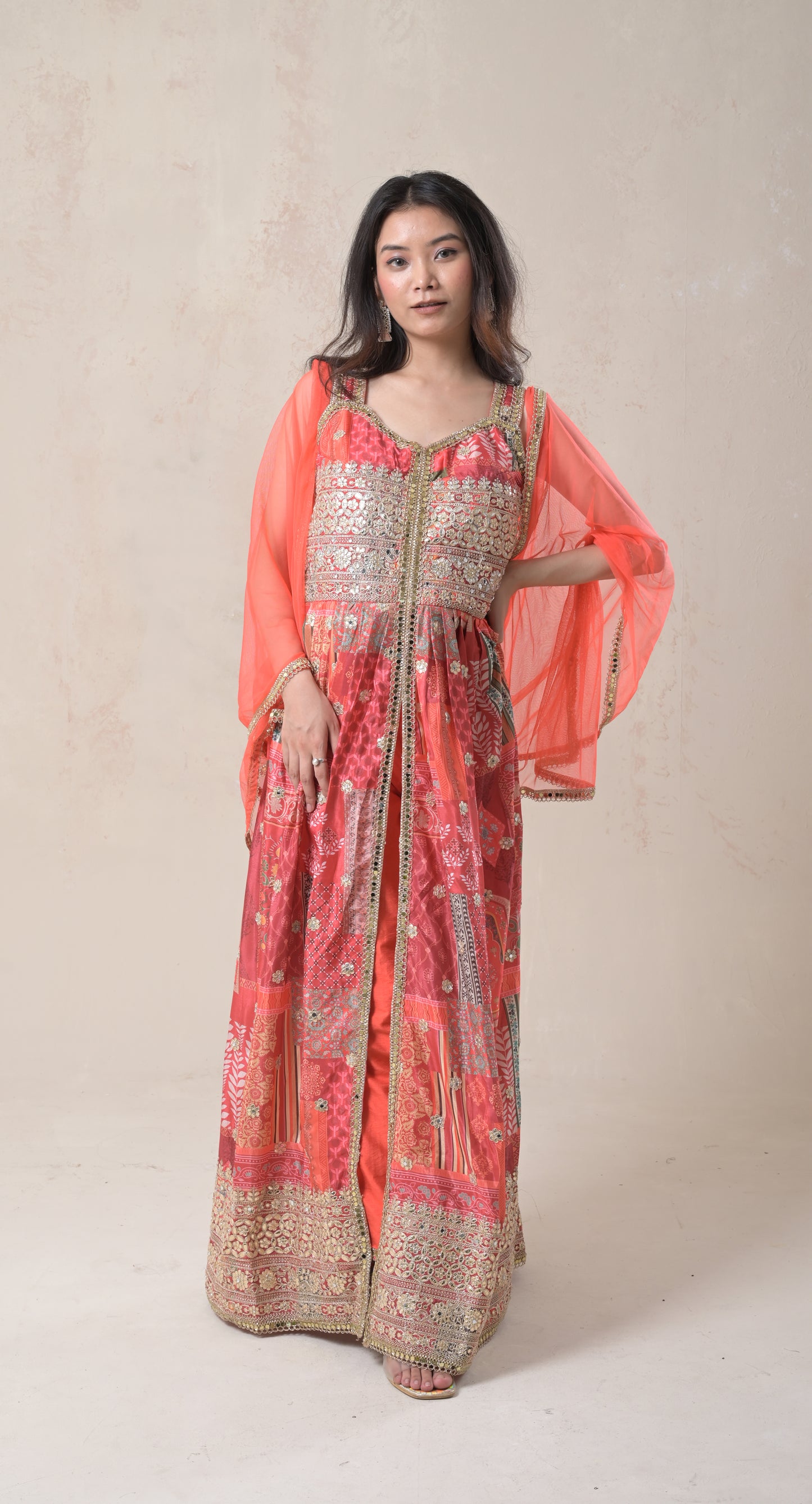 orange,  gota patti work, multicolor printing, silk gown