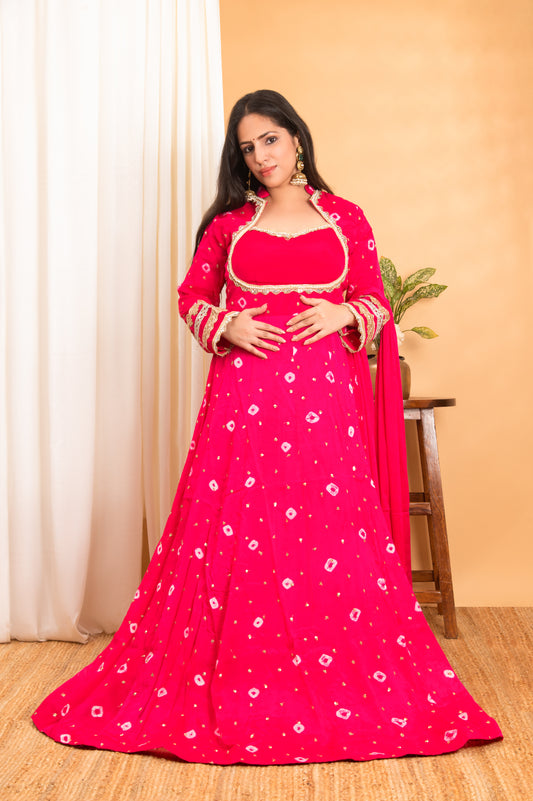 Hot-Pink Bandhej Pure Chinnon Wedding-Wear Long Gown