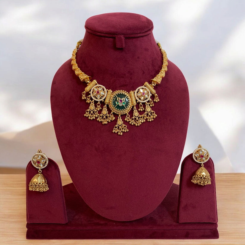 Antique Emerald Kundan Anti-Tarnish Heritage Choker Set with Jhumki Earrings