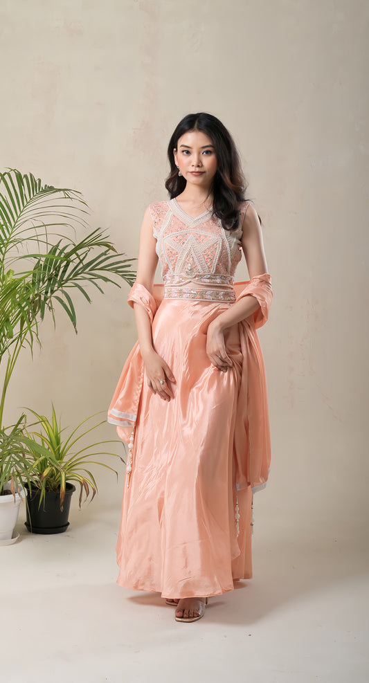 Peach, Pearl embroidered, Crepe Lehnga