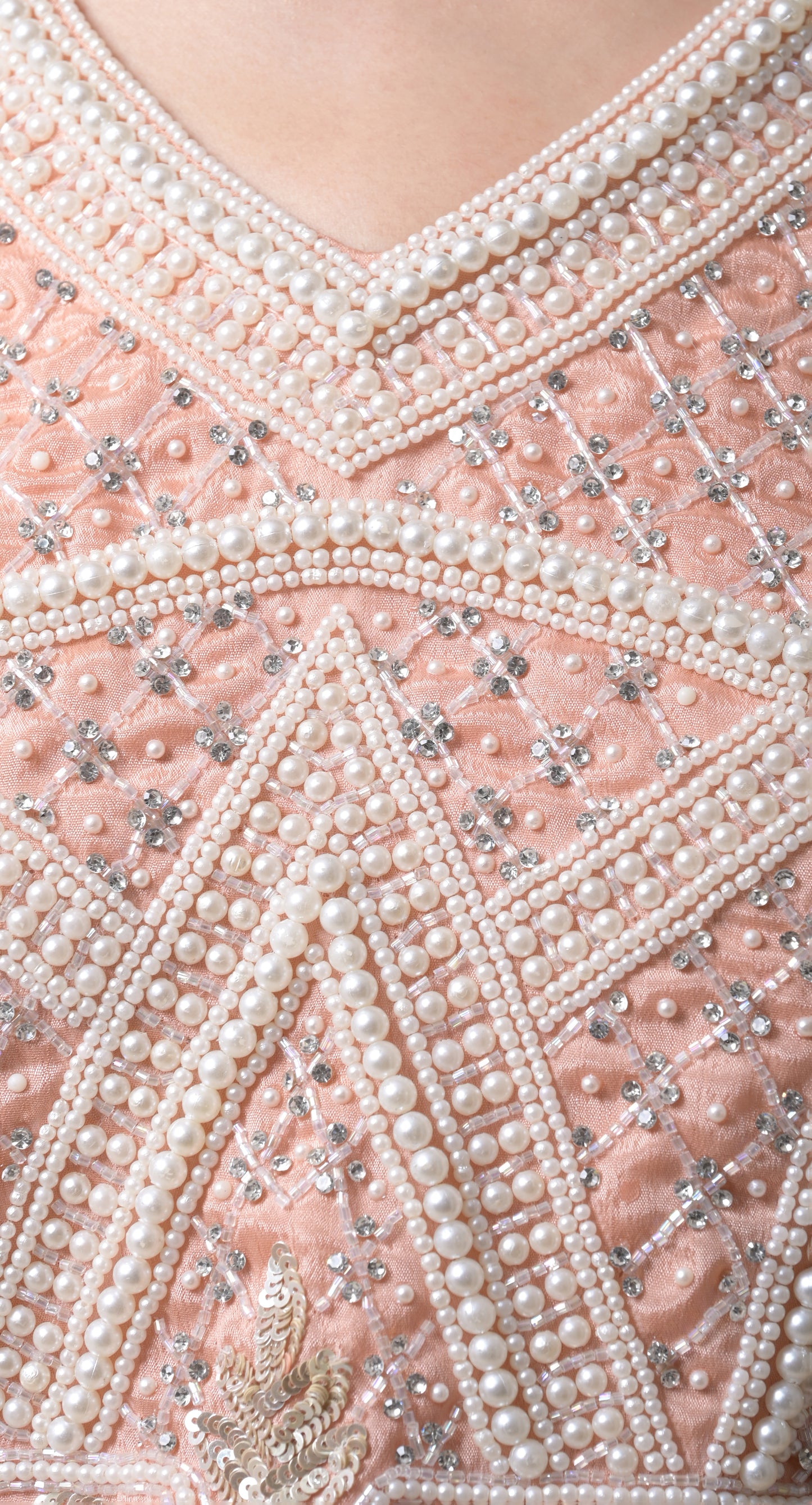 peach, pearl embroidered, crepe lehnga