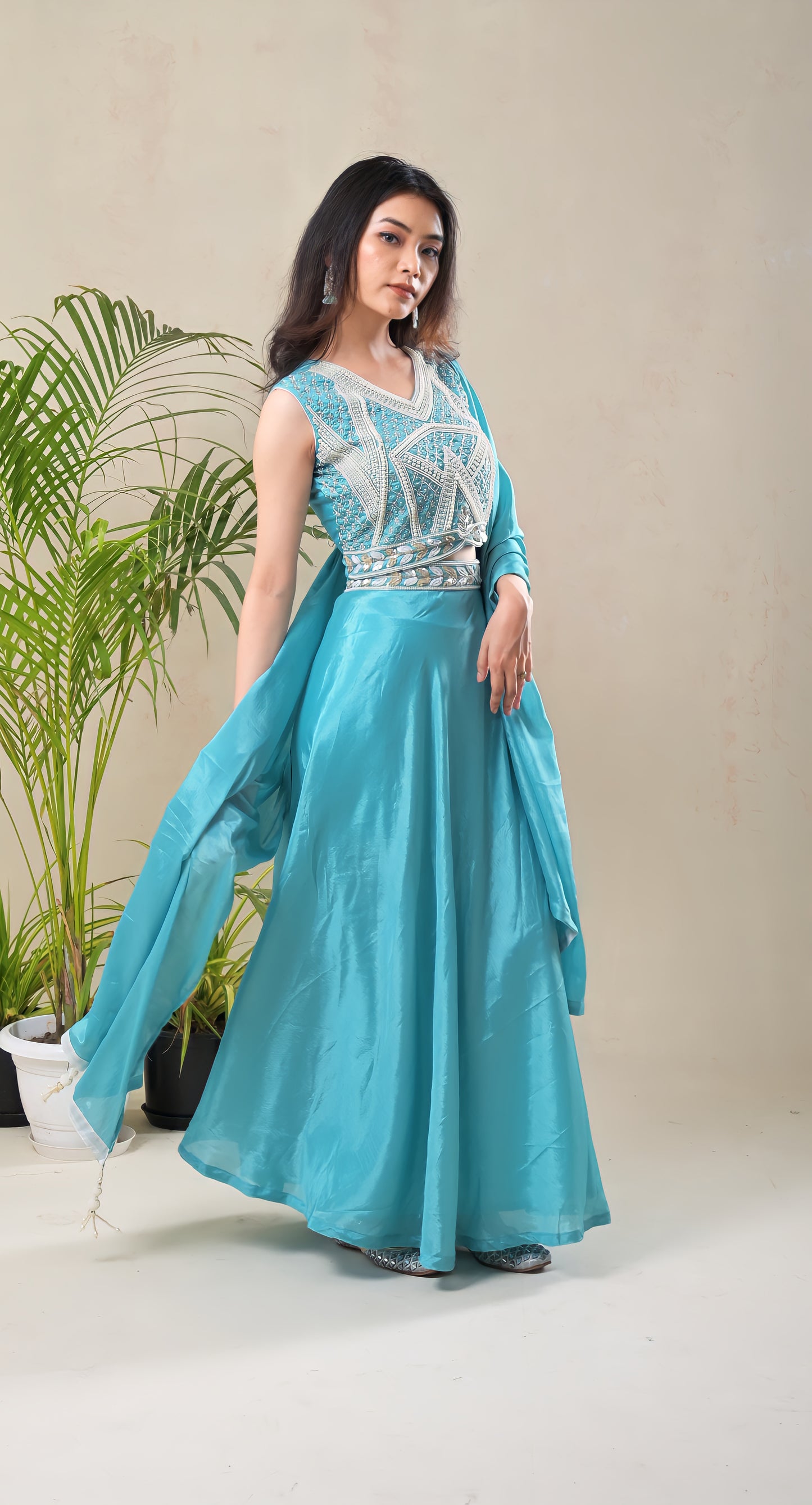 sky blue, pearl embroidered, crepe, lehnga