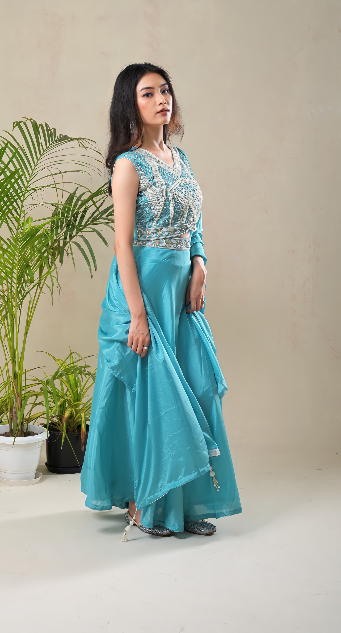 sky blue, pearl embroidered, crepe, lehnga