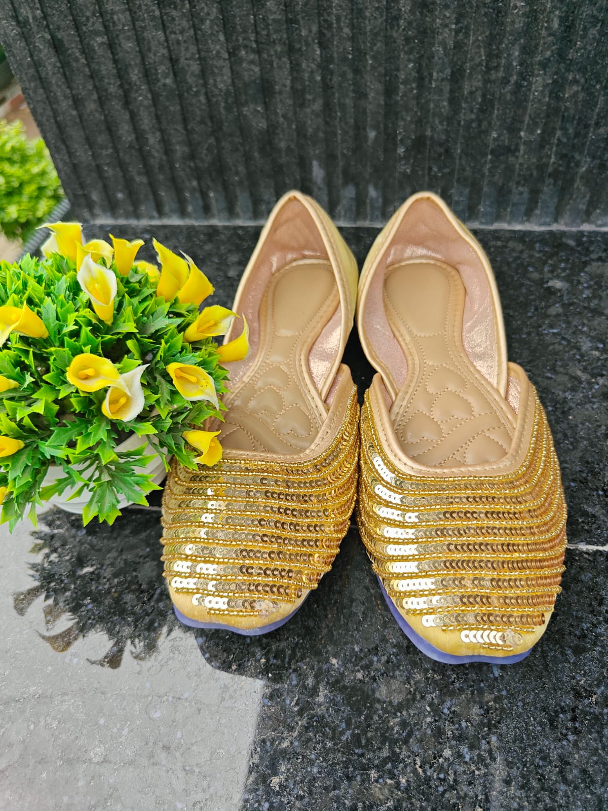 golden, embroidered sequins work, cushion comfort,  gold  mojries/jutties