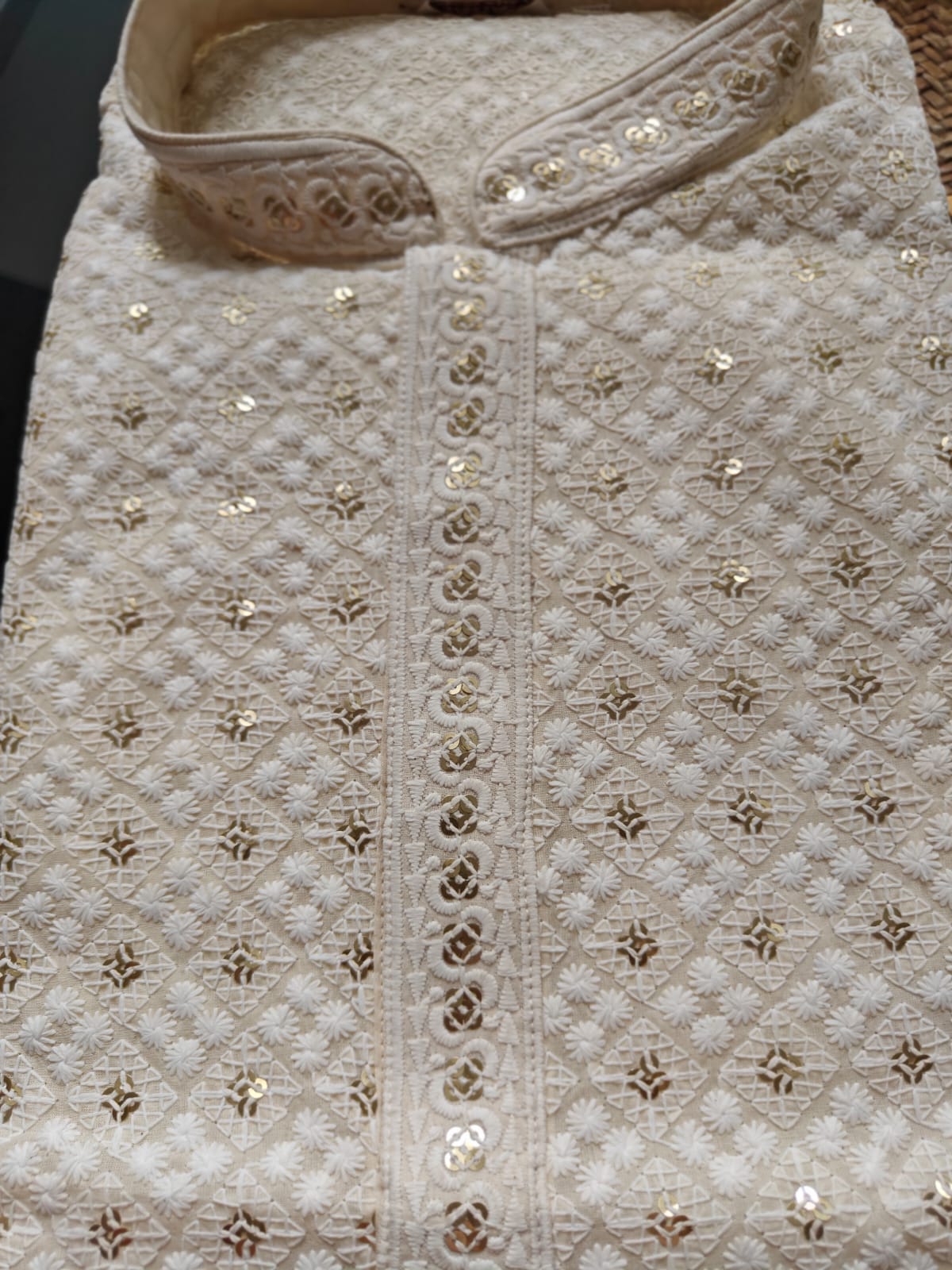 off-white, chikankari embroidery with sequins highlights, kurta pajama set