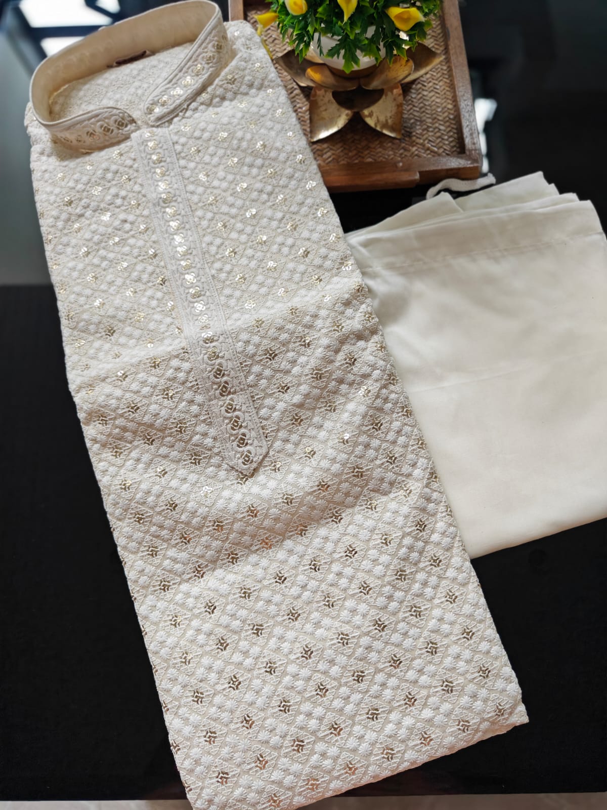 off-white, chikankari embroidery with sequins highlights, kurta pajama set