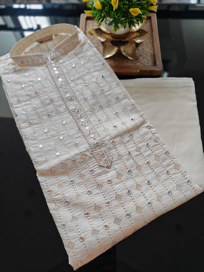 Off-White, Mirror Work & Thread Embroidery , Multi Cotton Kurta Pajama Set