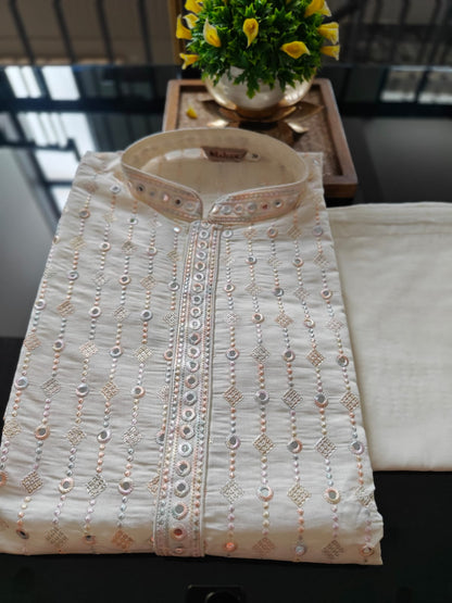 Off-White, Mirror Work & Thread Embroidery , Multi Cotton Kurta Pajama Set