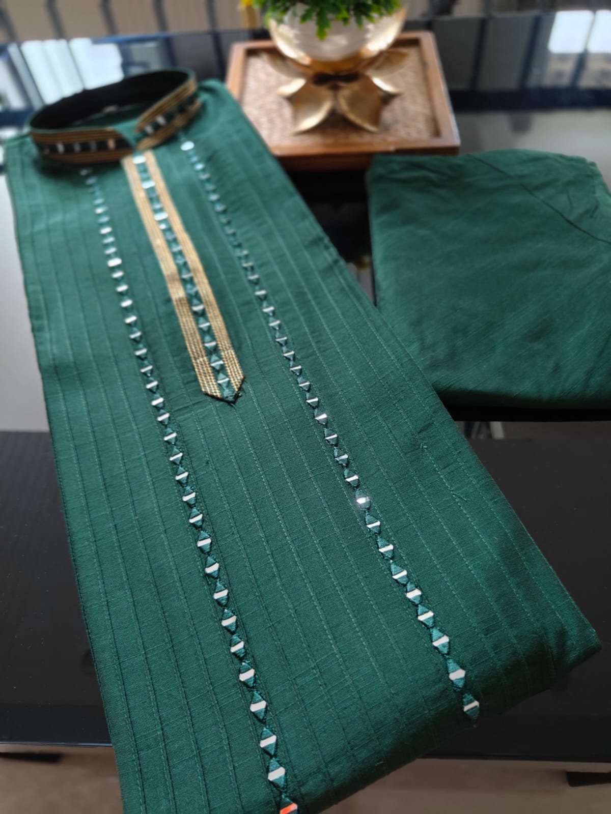 dark green, mirror work & thread embroidery, pin tucks, silk kurta pajama set