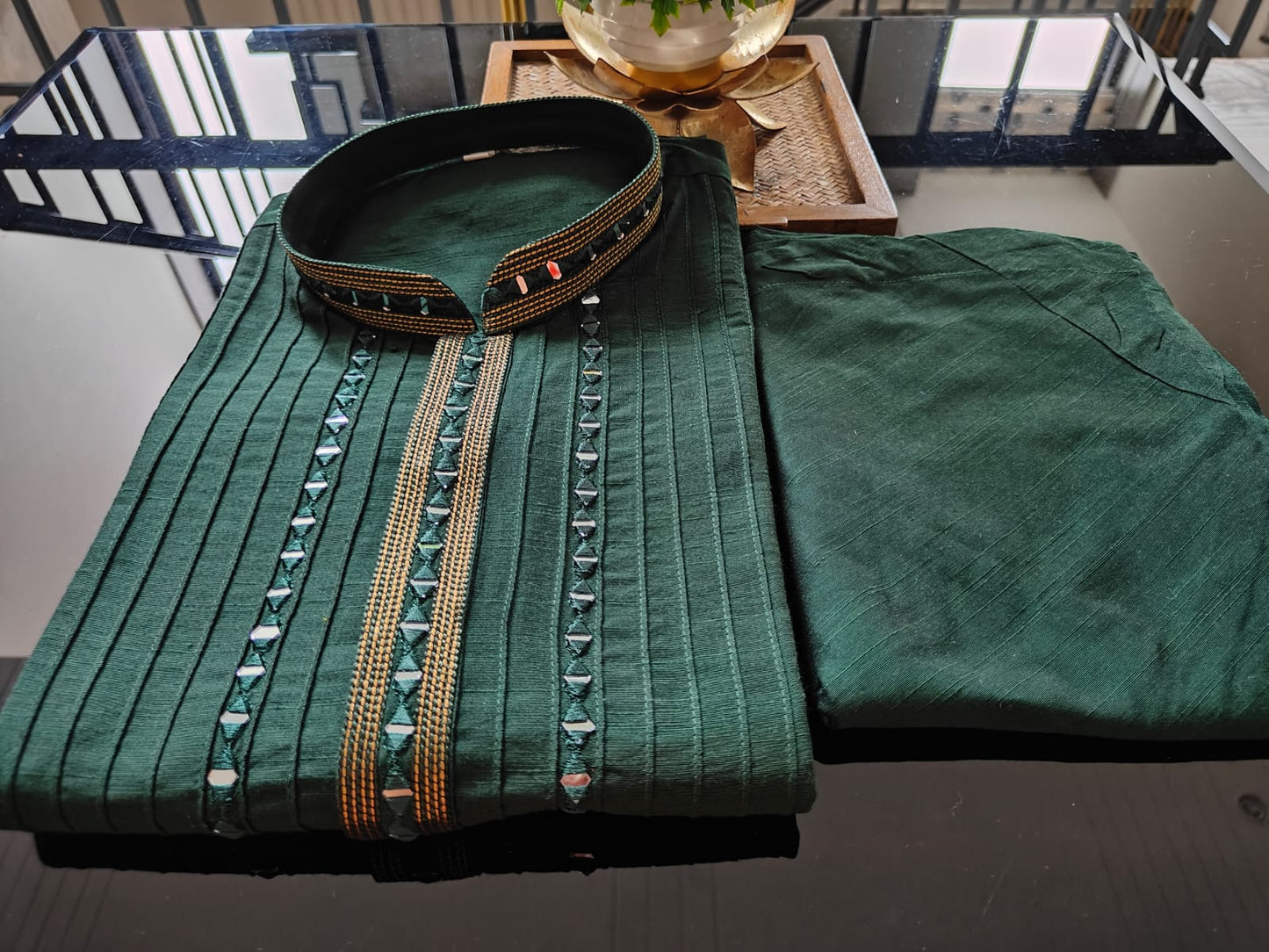 dark green, mirror work & thread embroidery, pin tucks, silk kurta pajama set