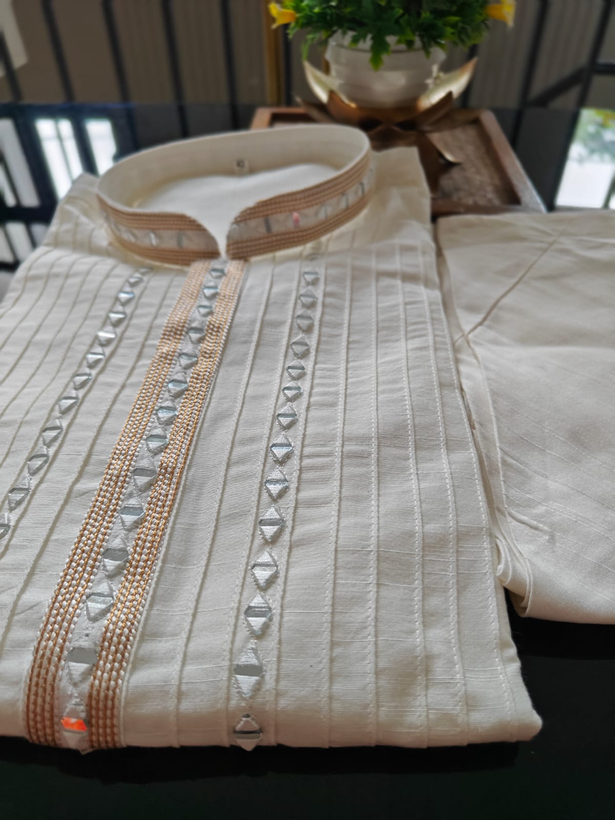 off-white, mirror work & thread embroidery, pin tucks, silk kurta pajama set