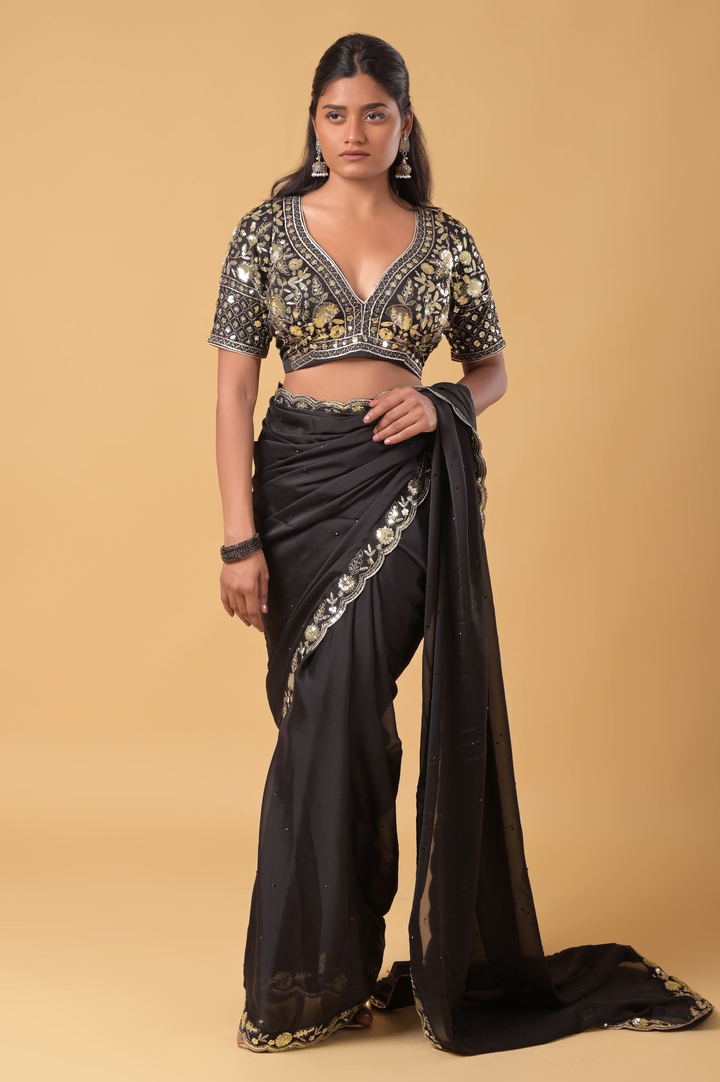 black premium sequins embroidered rangoli silk saree with stiched blouse