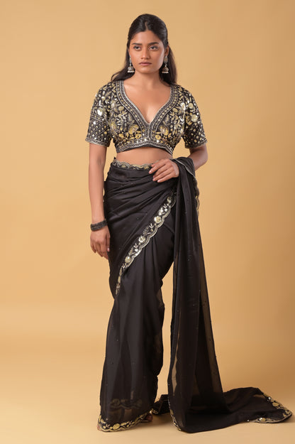 Black Premium Sequins Embroidered Rangoli Silk Saree with Stiched Blouse