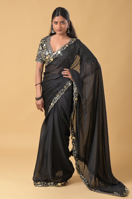 Black Premium Sequins Embroidered Rangoli Silk Saree with Stiched Blouse