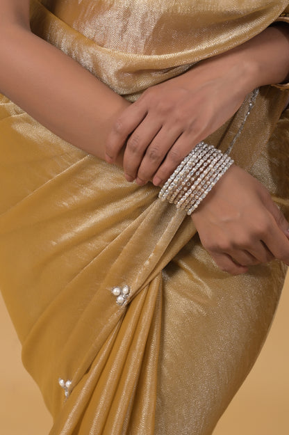 Golden Pearl Embellished Mario Silk Saree with Ready-made Pearl Blouse