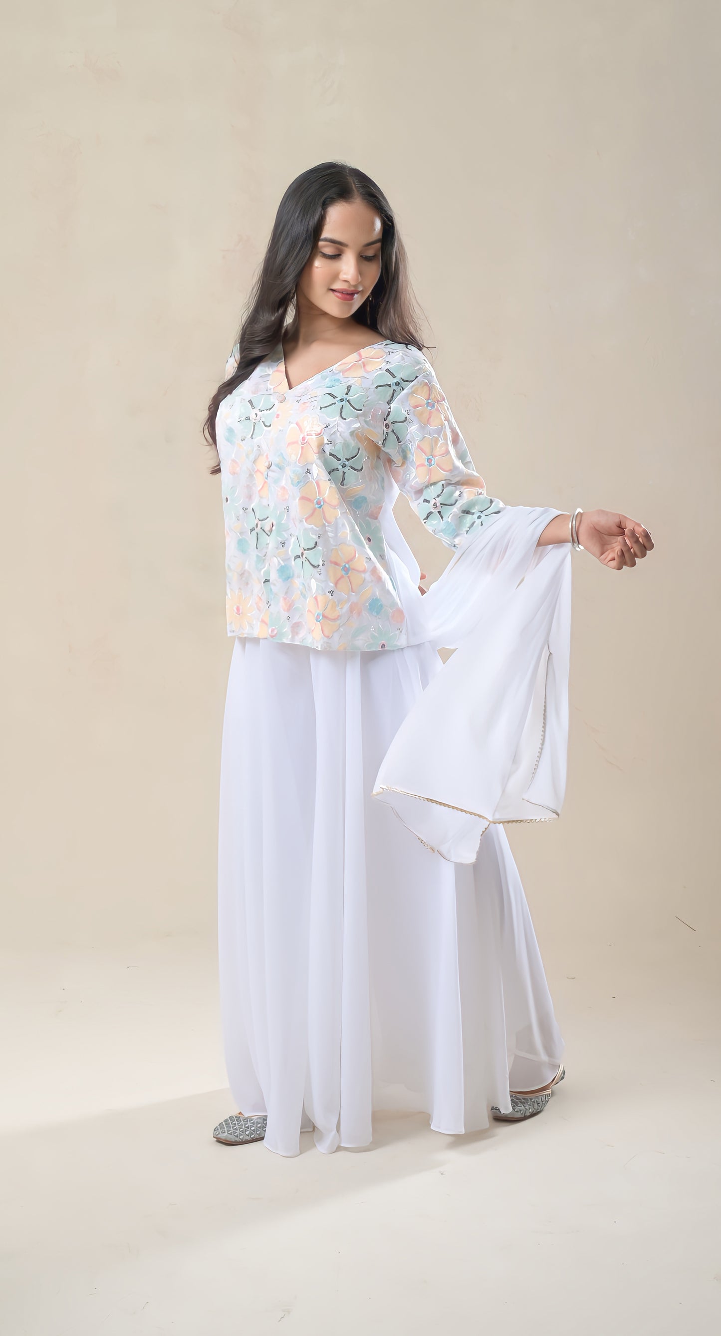 white, sequins floral hand embroidered, short top & flare palazzo set