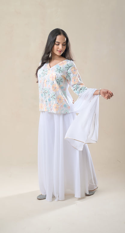 White, Sequins Floral Hand Embroidered, Short Top & Flare Palazzo Set