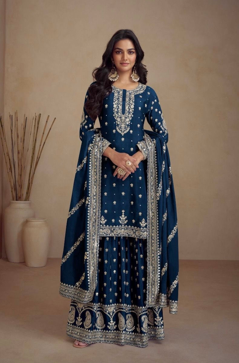 blue embroidered wedding and festivals wear chinon silk sharara suit with full-embroidered dupatta