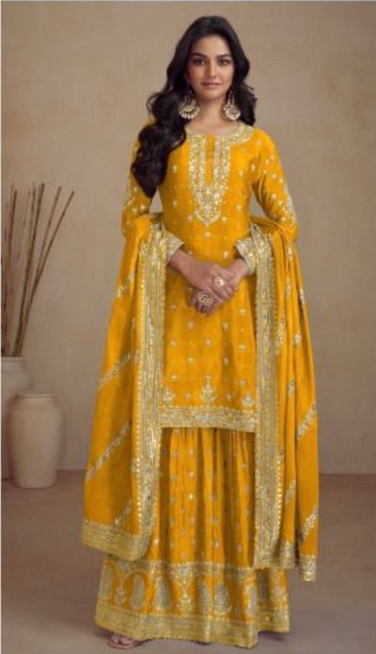 Bright-Yellow Embroidered Wedding and Festivals Wear Chinon Silk Sharara Suit with Full-Embroidered Dupatta