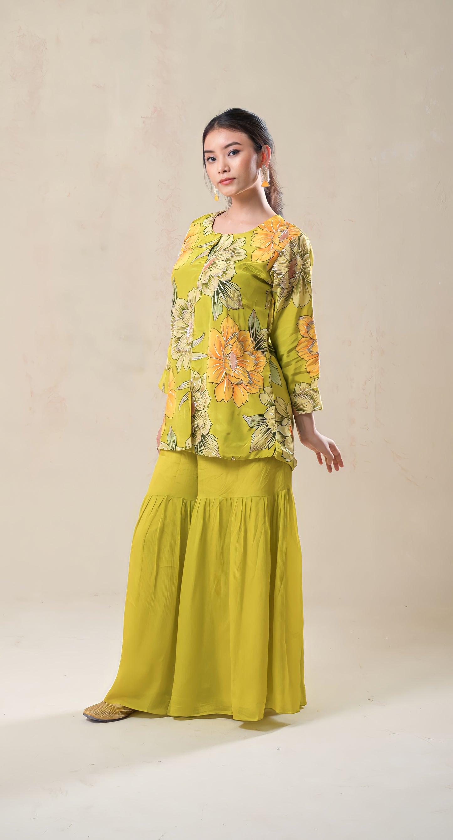 moss green, floral, sequins with zari highlighting, chinon gharara