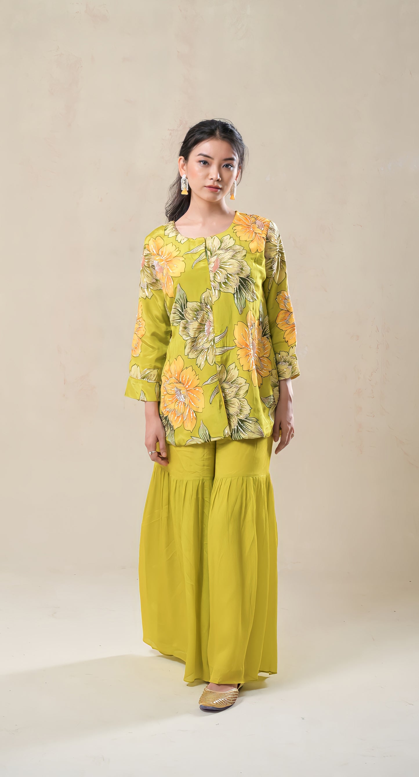 moss green, floral, sequins with zari highlighting, chinon gharara