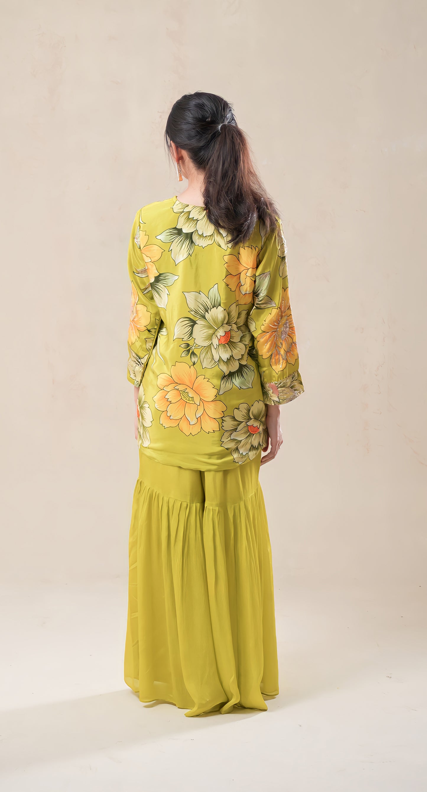 moss green, floral, sequins with zari highlighting, chinon gharara