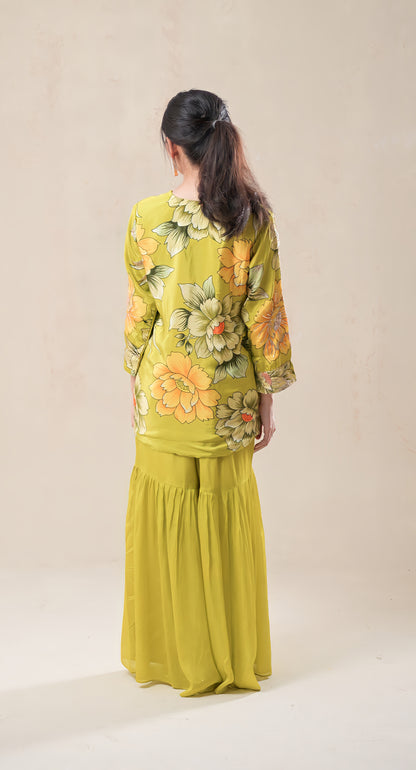 Moss Green, Floral, Sequins with zari Highlighting, Chinon Gharara