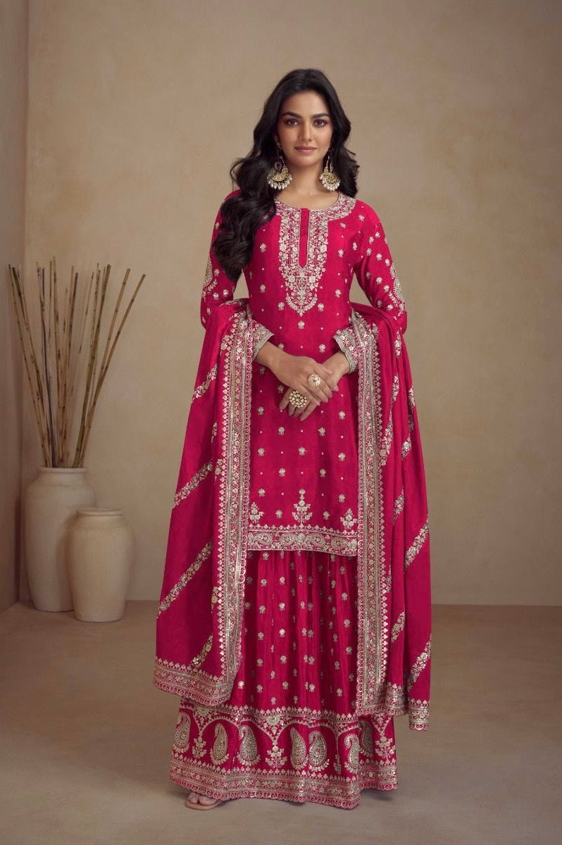 magenta full-embroidered wedding-wear sharara suit with embroidered dupatta