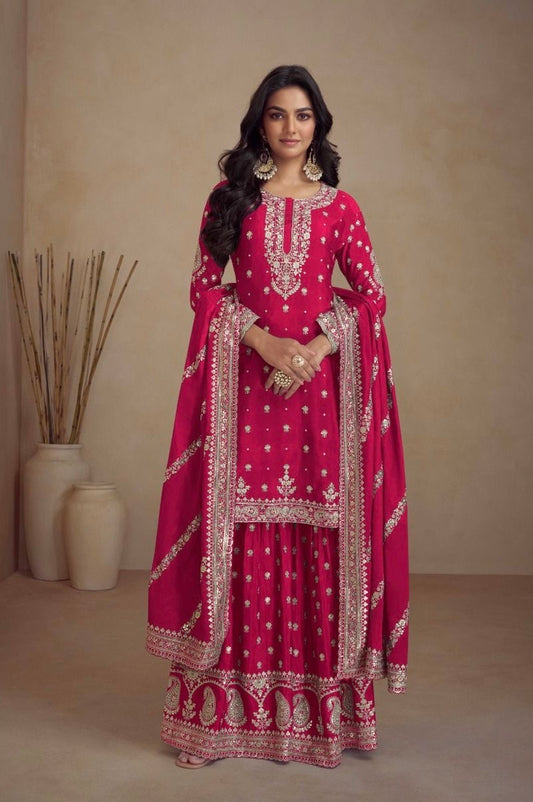 Magenta Full-Embroidered Wedding-Wear Sharara Suit with Embroidered Dupatta