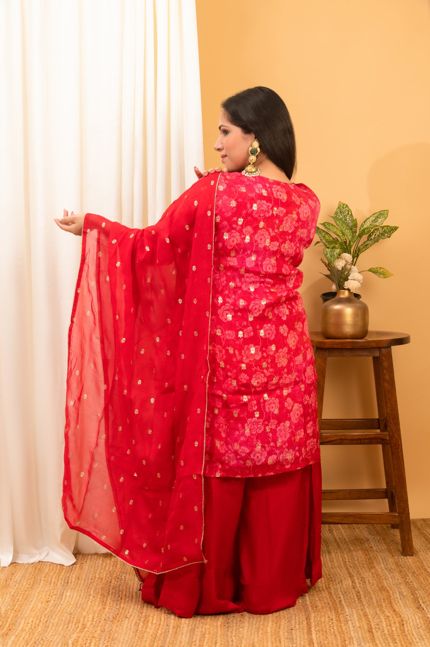 candy-pink with red hand-embroidered banarasi georgette wedding wear sharara suit