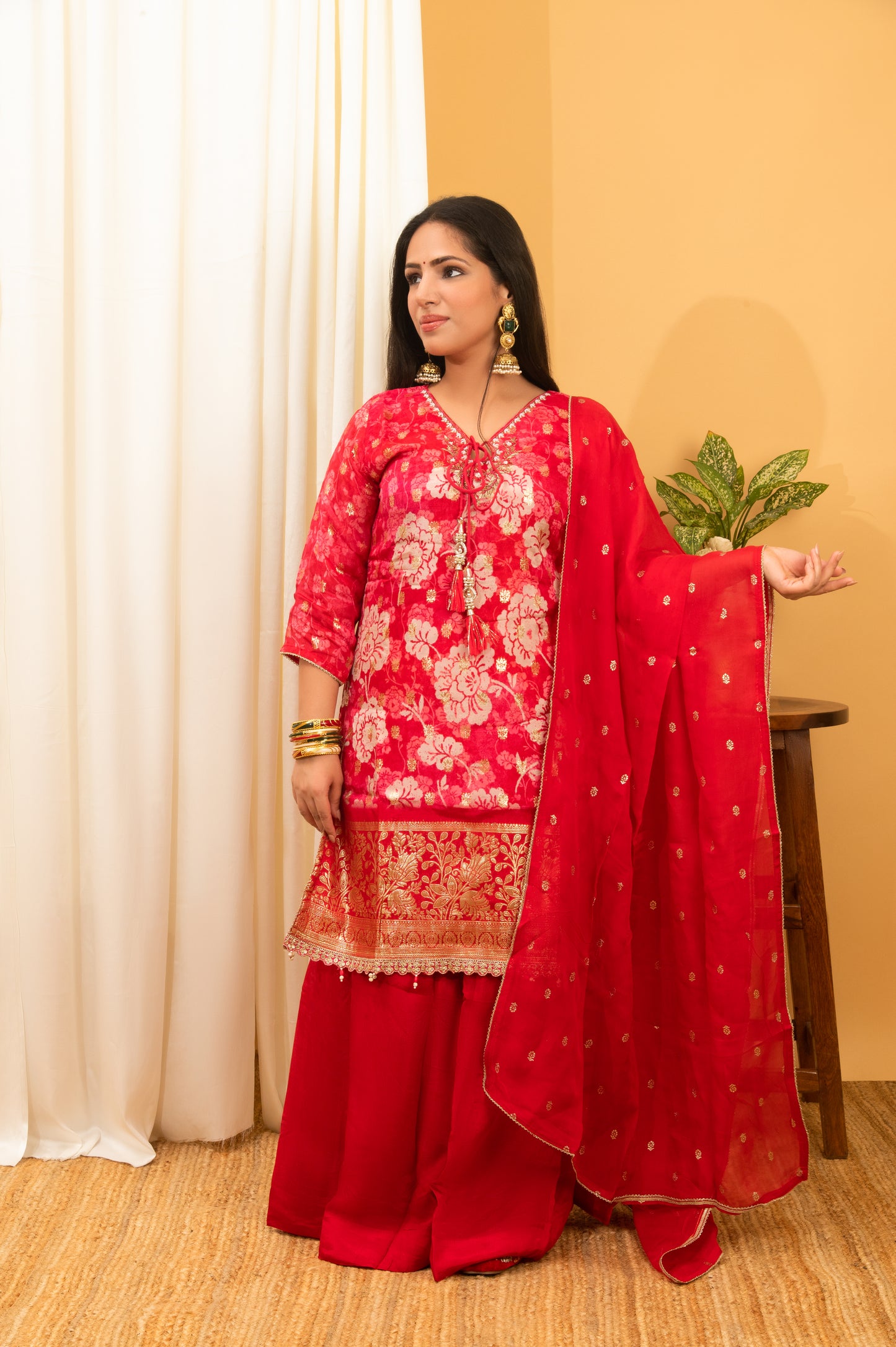 candy-pink with red hand-embroidered banarasi georgette wedding wear sharara suit