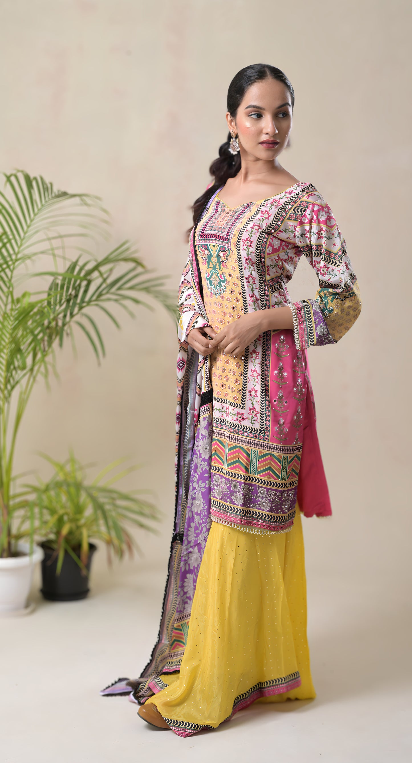 multicolor, abstract digital print, highlight embroidery, pearl beads lace, crepe & georgette sharara