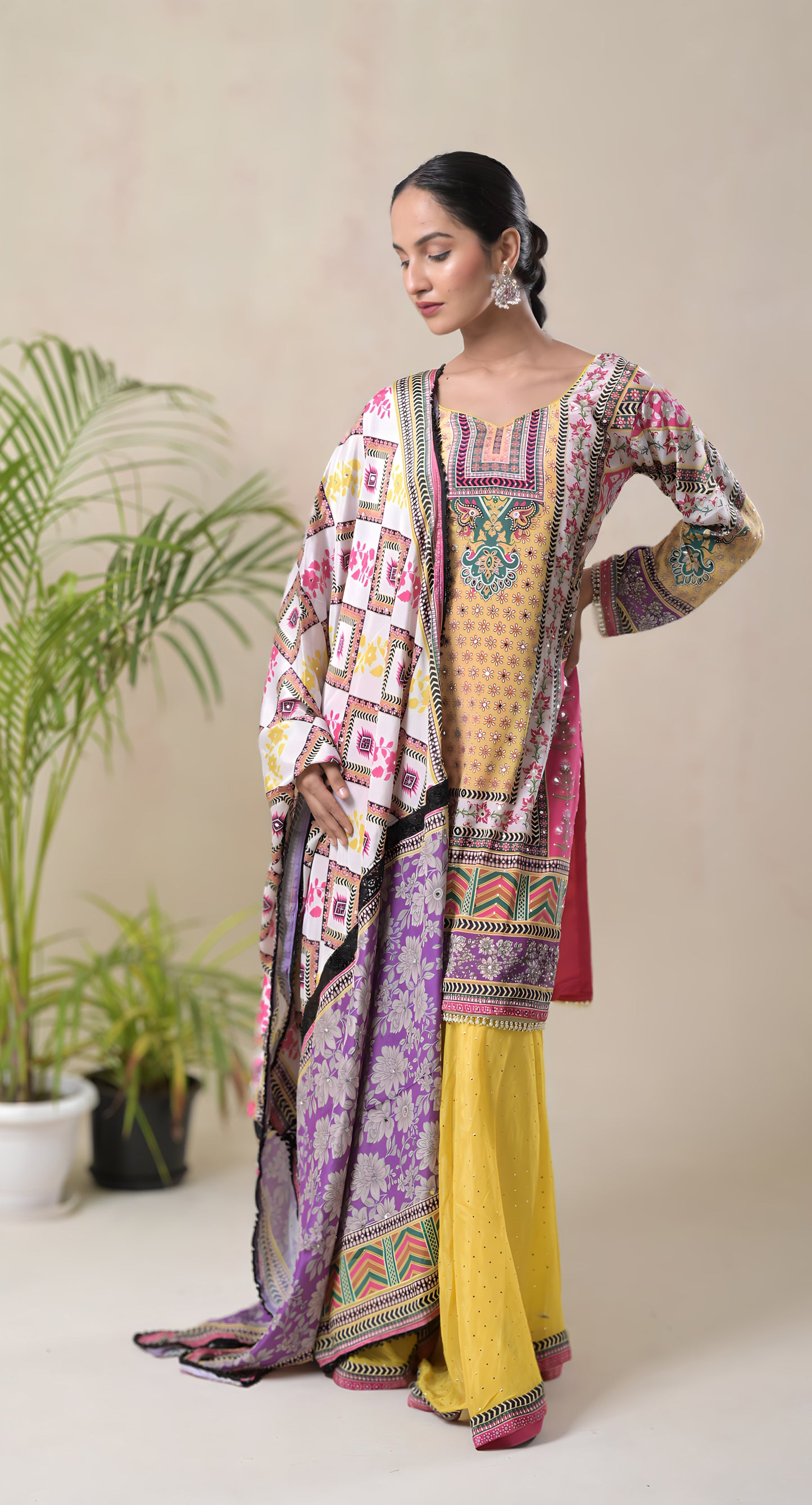 multicolor, abstract digital print, highlight embroidery, pearl beads lace, crepe & georgette sharara