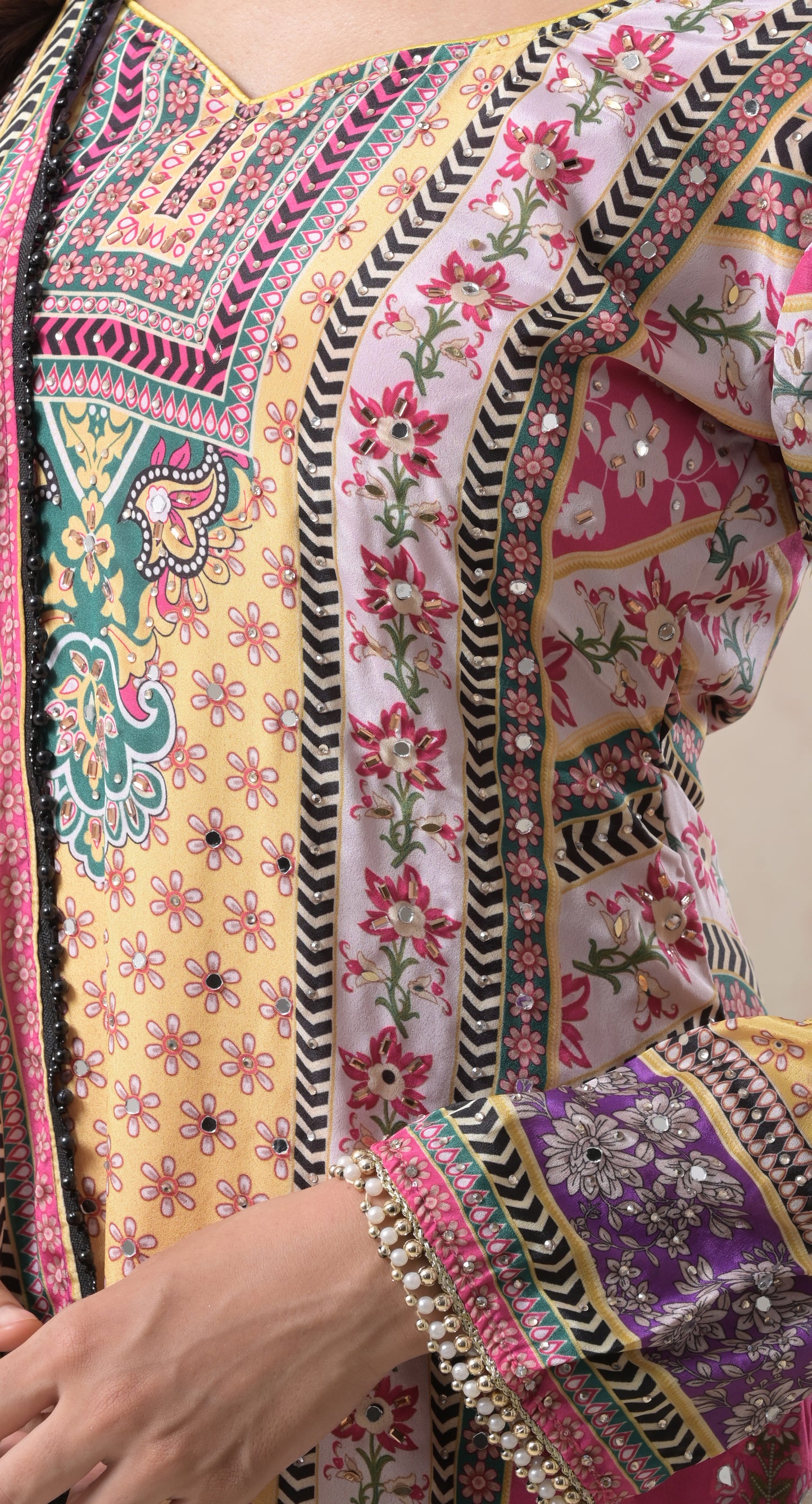 multicolor, abstract digital print, highlight embroidery, pearl beads lace, crepe & georgette sharara