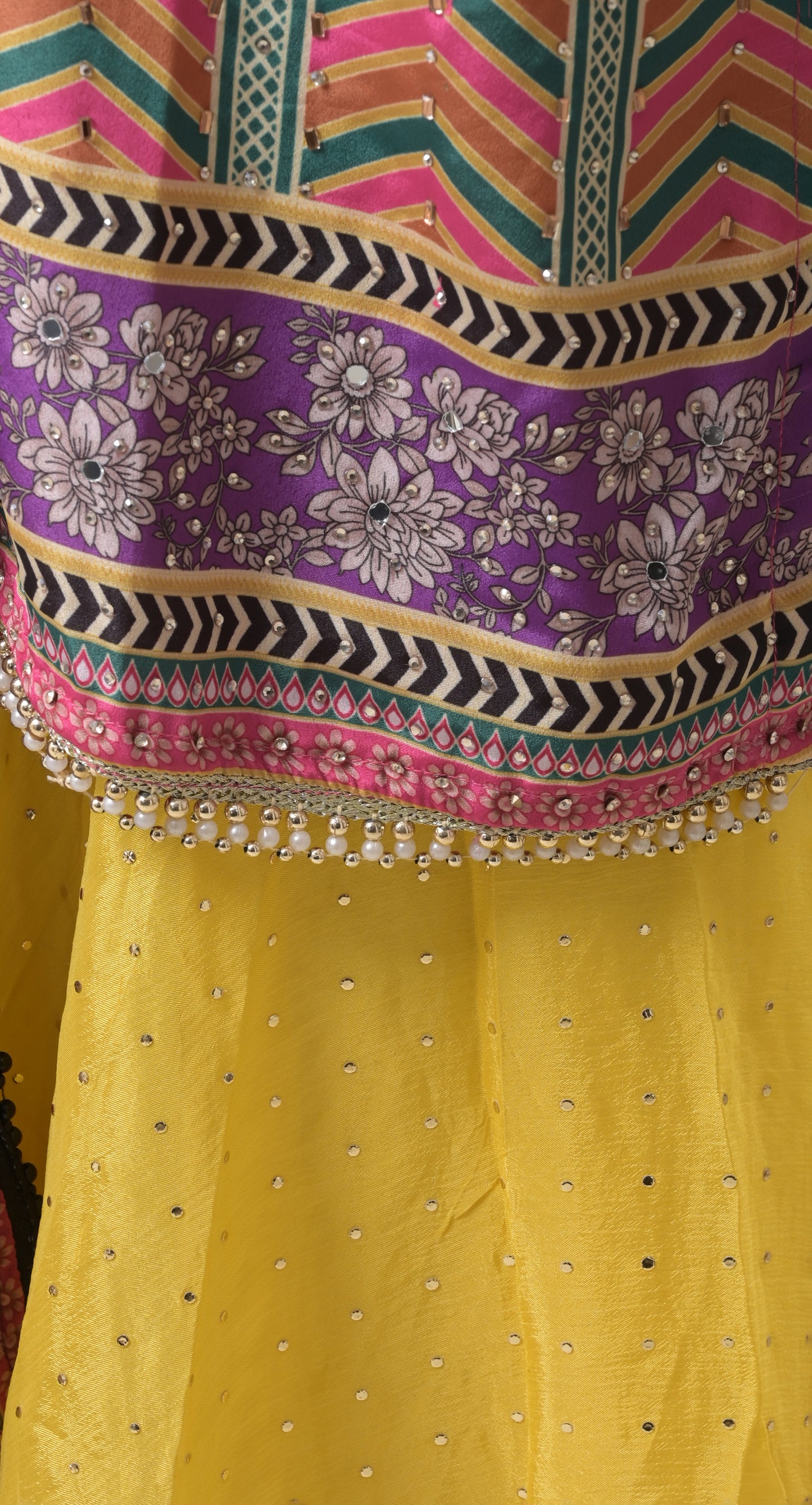 multicolor, abstract digital print, highlight embroidery, pearl beads lace, crepe & georgette sharara