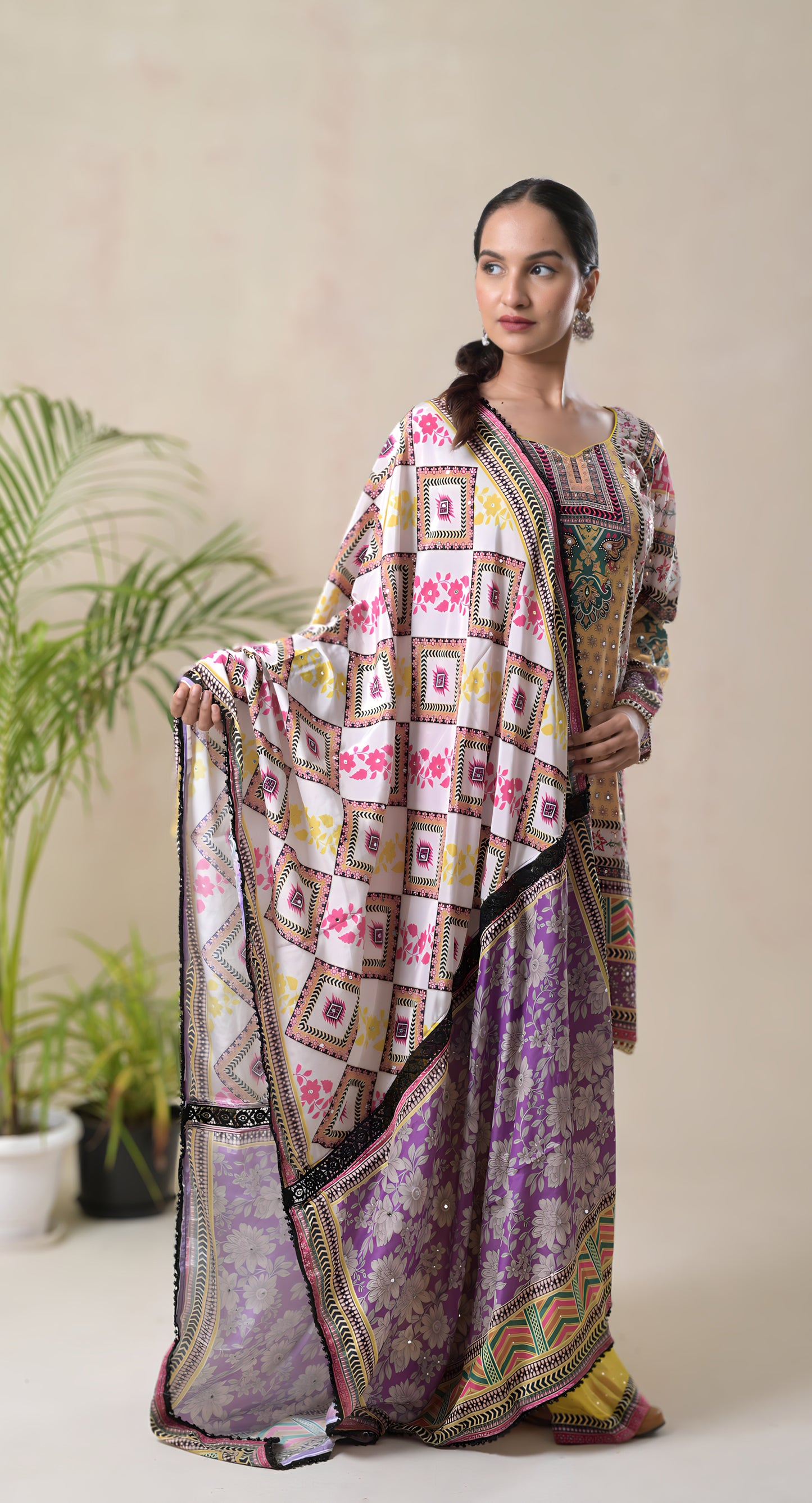 multicolor, abstract digital print, highlight embroidery, pearl beads lace, crepe & georgette sharara