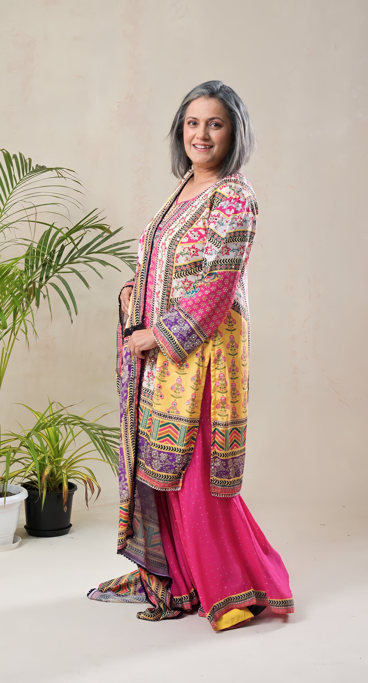 multicolor, abstract digital print, mirror, lace & pearl work, crepe & georgette sharara