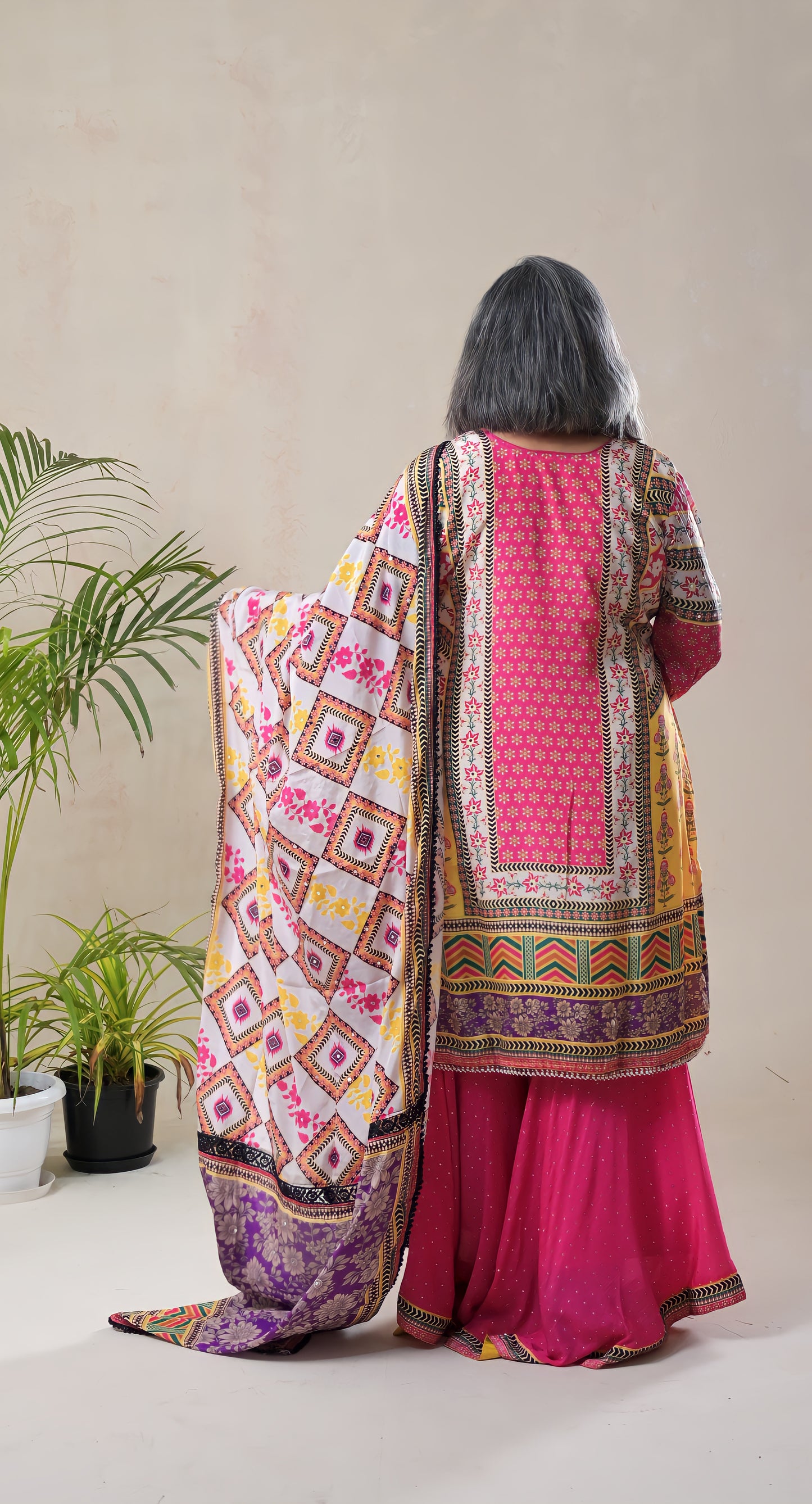 multicolor, abstract digital print, mirror, lace & pearl work, crepe & georgette sharara