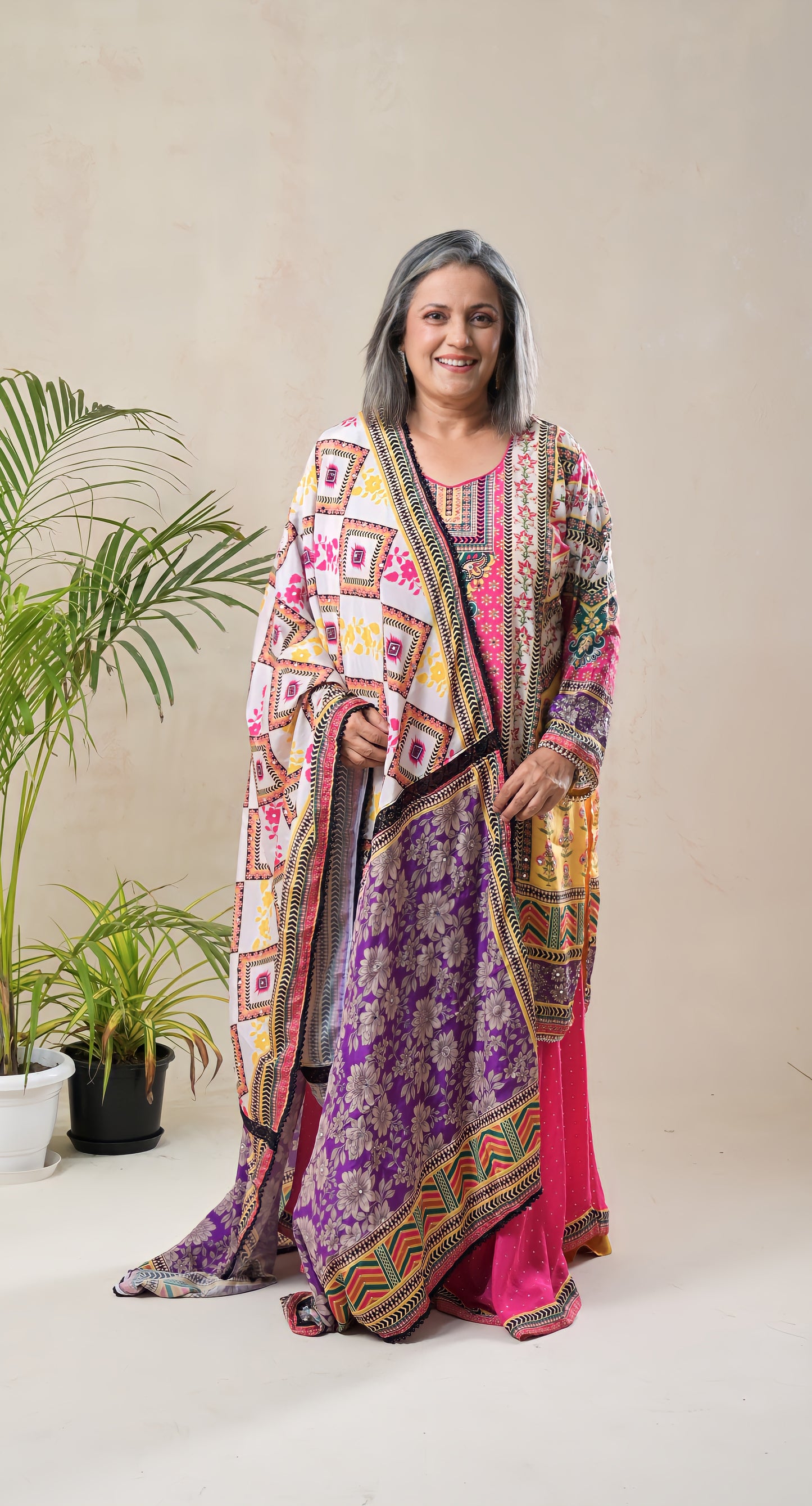 multicolor, abstract digital print, mirror, lace & pearl work, crepe & georgette sharara